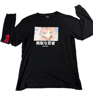 Graphic Long Sleeve T Shirt Mens Large Black Anime Streetwear Vintage Look Tees